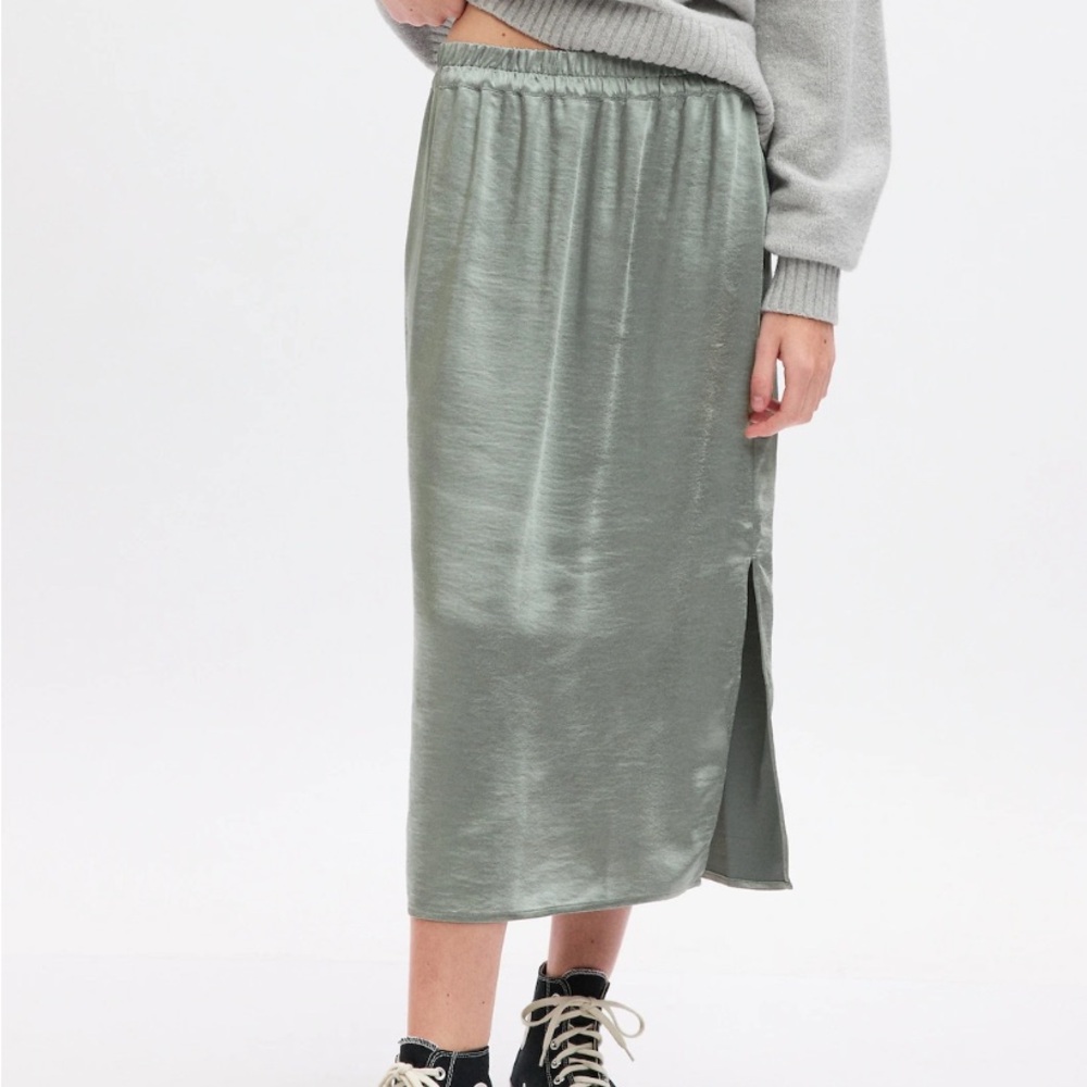 Green satin midi skirt